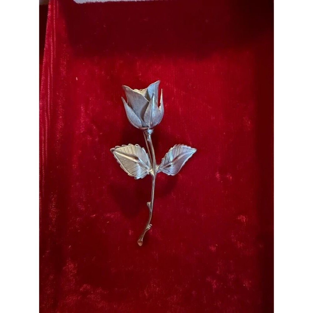 Vintage Giovanni Silver-Tone Long Stem Rose Brooch Pin (Signed)